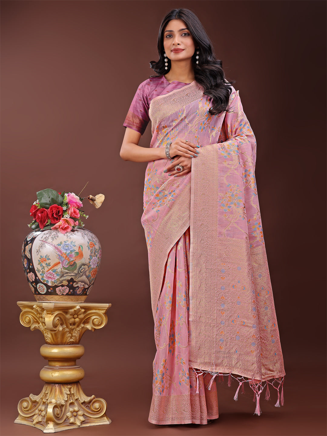 Shree Shyam Fashion Elegant Light Pink Linen Cotton Saree with Floral Weave & Soft Gold Pallu - Graceful Choice for Casual,Office & Festive Looks | Grocsy