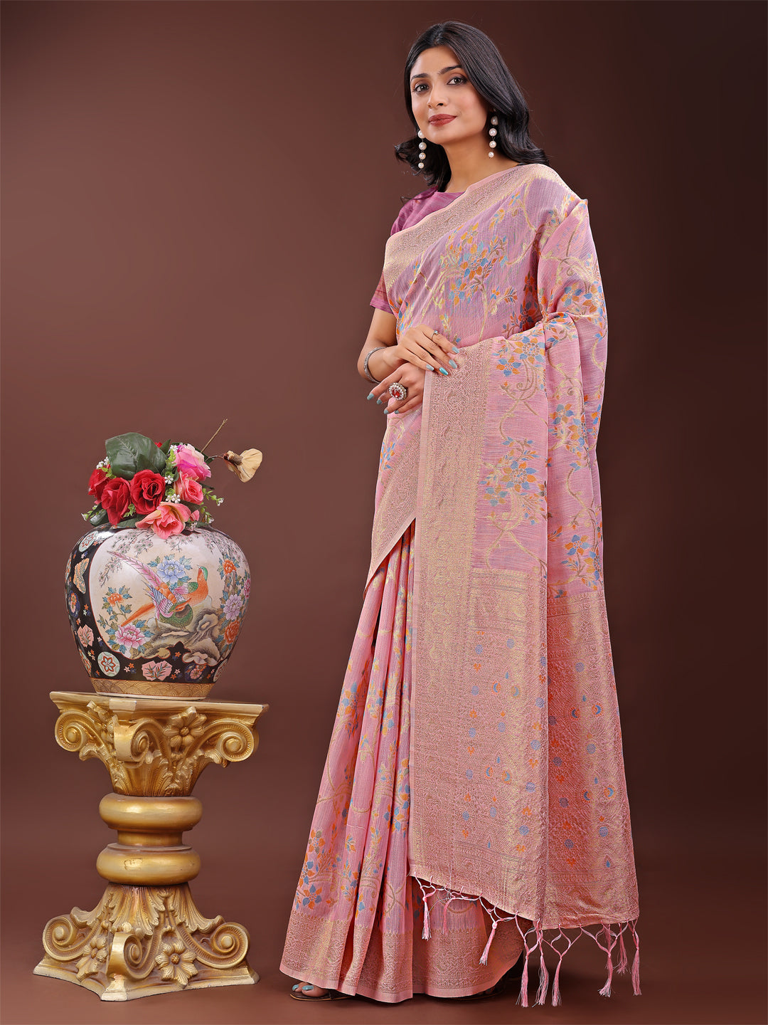 Shree Shyam Fashion Elegant Light Pink Linen Cotton Saree with Floral Weave & Soft Gold Pallu - Graceful Choice for Casual,Office & Festive Looks | Grocsy