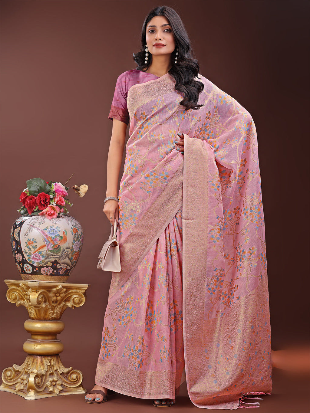 Shree Shyam Fashion Elegant Light Pink Linen Cotton Saree with Floral Weave & Soft Gold Pallu - Graceful Choice for Casual,Office & Festive Looks | Grocsy