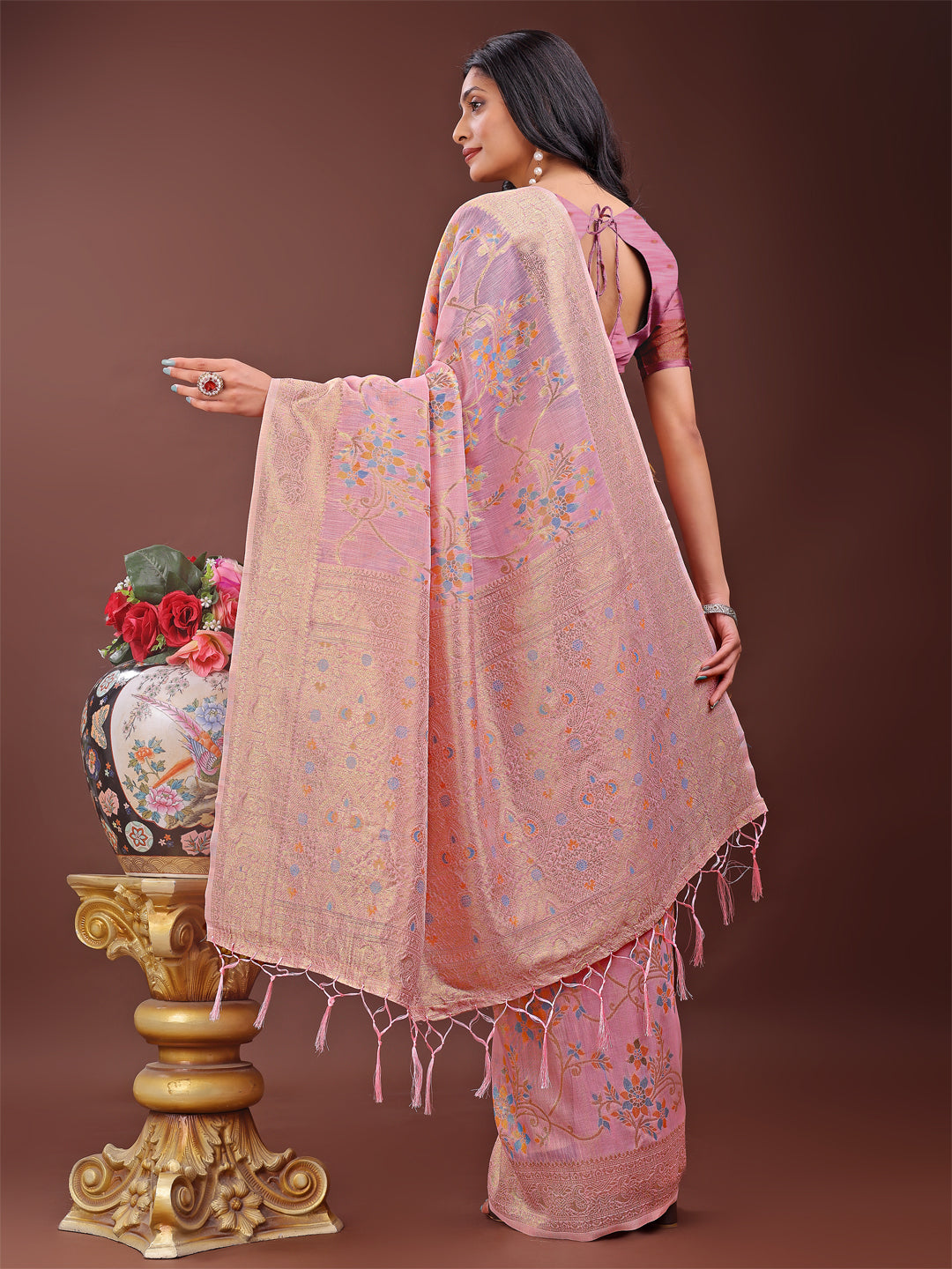 Shree Shyam Fashion Elegant Light Pink Linen Cotton Saree with Floral Weave & Soft Gold Pallu - Graceful Choice for Casual,Office & Festive Looks | Grocsy