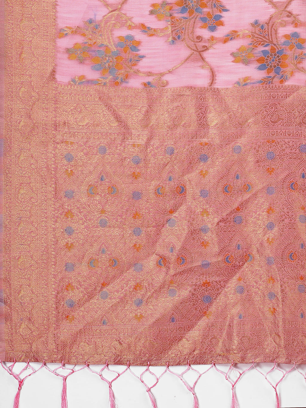 Shree Shyam Fashion Elegant Light Pink Linen Cotton Saree with Floral Weave & Soft Gold Pallu - Graceful Choice for Casual,Office & Festive Looks | Grocsy