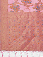 Shree Shyam Fashion Elegant Light Pink Linen Cotton Saree with Floral Weave & Soft Gold Pallu - Graceful Choice for Casual,Office & Festive Looks | Grocsy