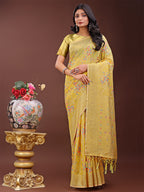 Shree Shyam Fashion Elegant Yellow Linen Cotton Saree with Floral Weave & Soft Gold Pallu - Graceful Choice for Casual,Office & Festive Looks | Grocsy