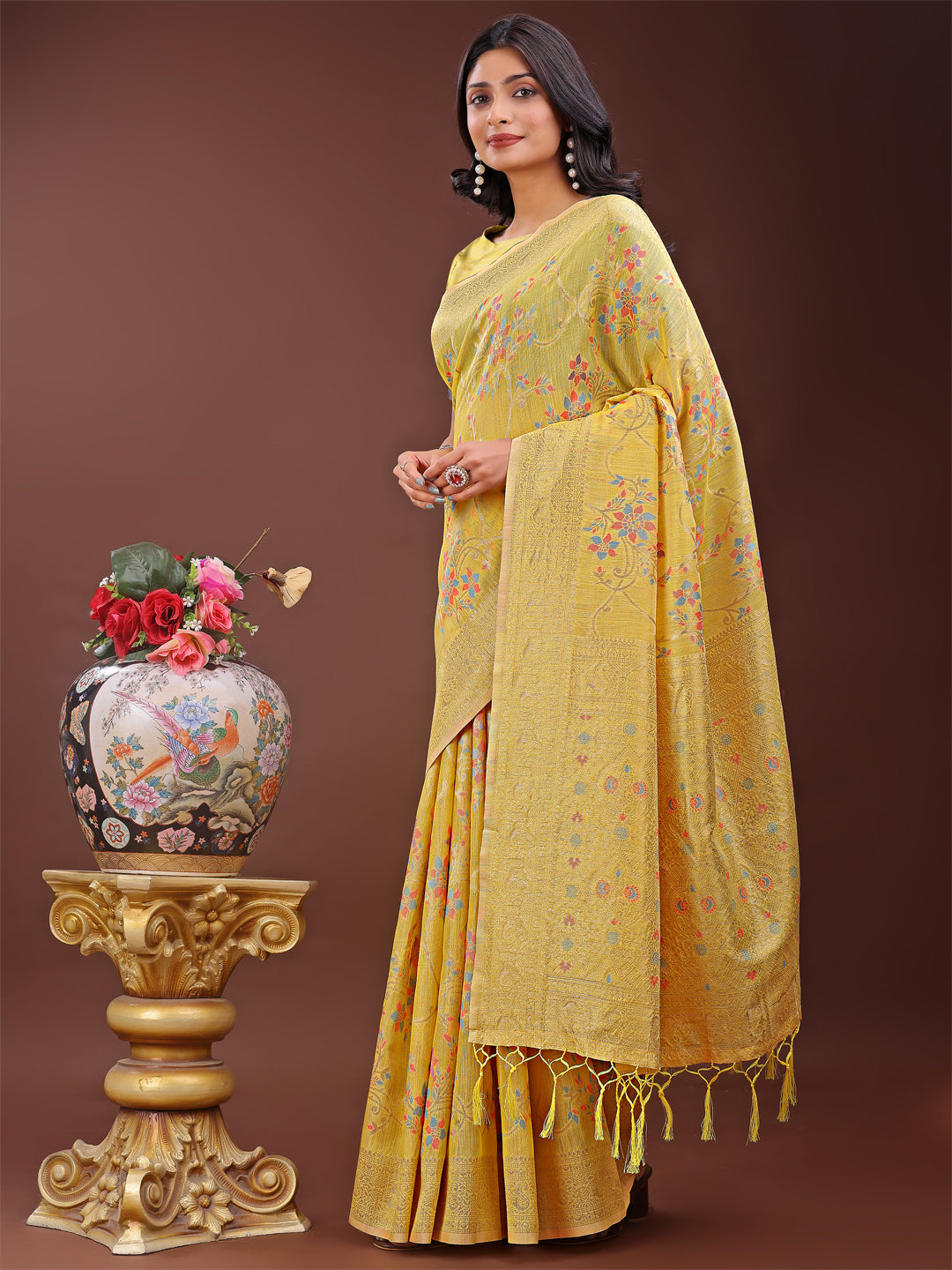 Shree Shyam Fashion Elegant Yellow Linen Cotton Saree with Floral Weave & Soft Gold Pallu - Graceful Choice for Casual,Office & Festive Looks | Grocsy