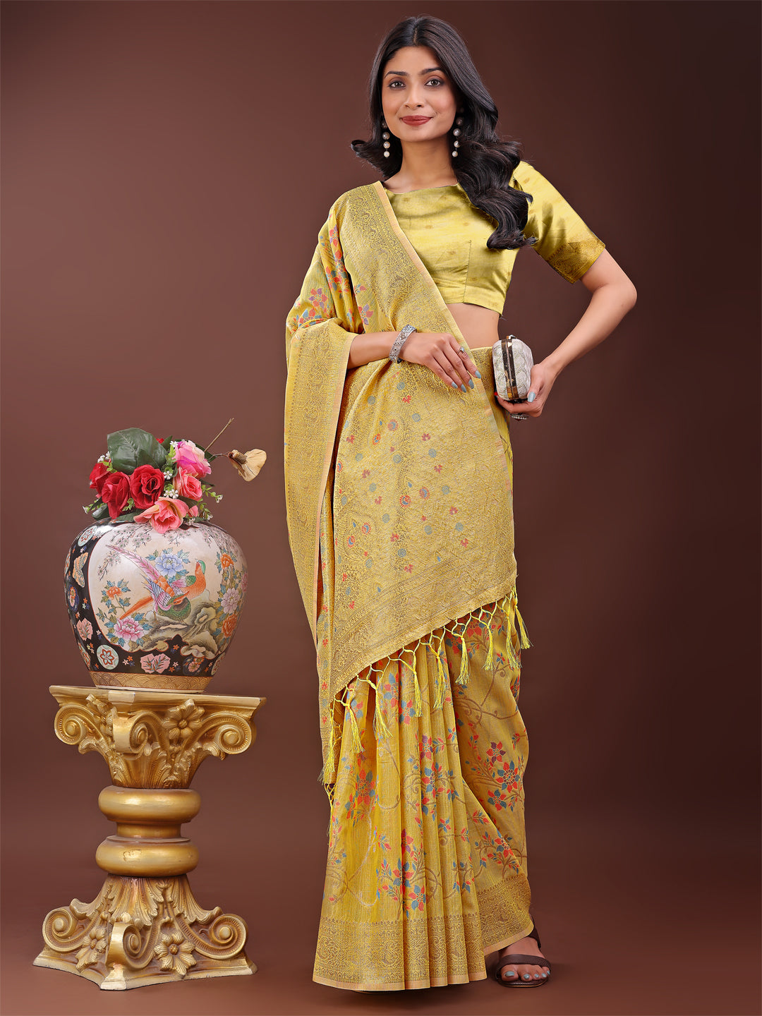 Shree Shyam Fashion Elegant Yellow Linen Cotton Saree with Floral Weave & Soft Gold Pallu - Graceful Choice for Casual,Office & Festive Looks | Grocsy