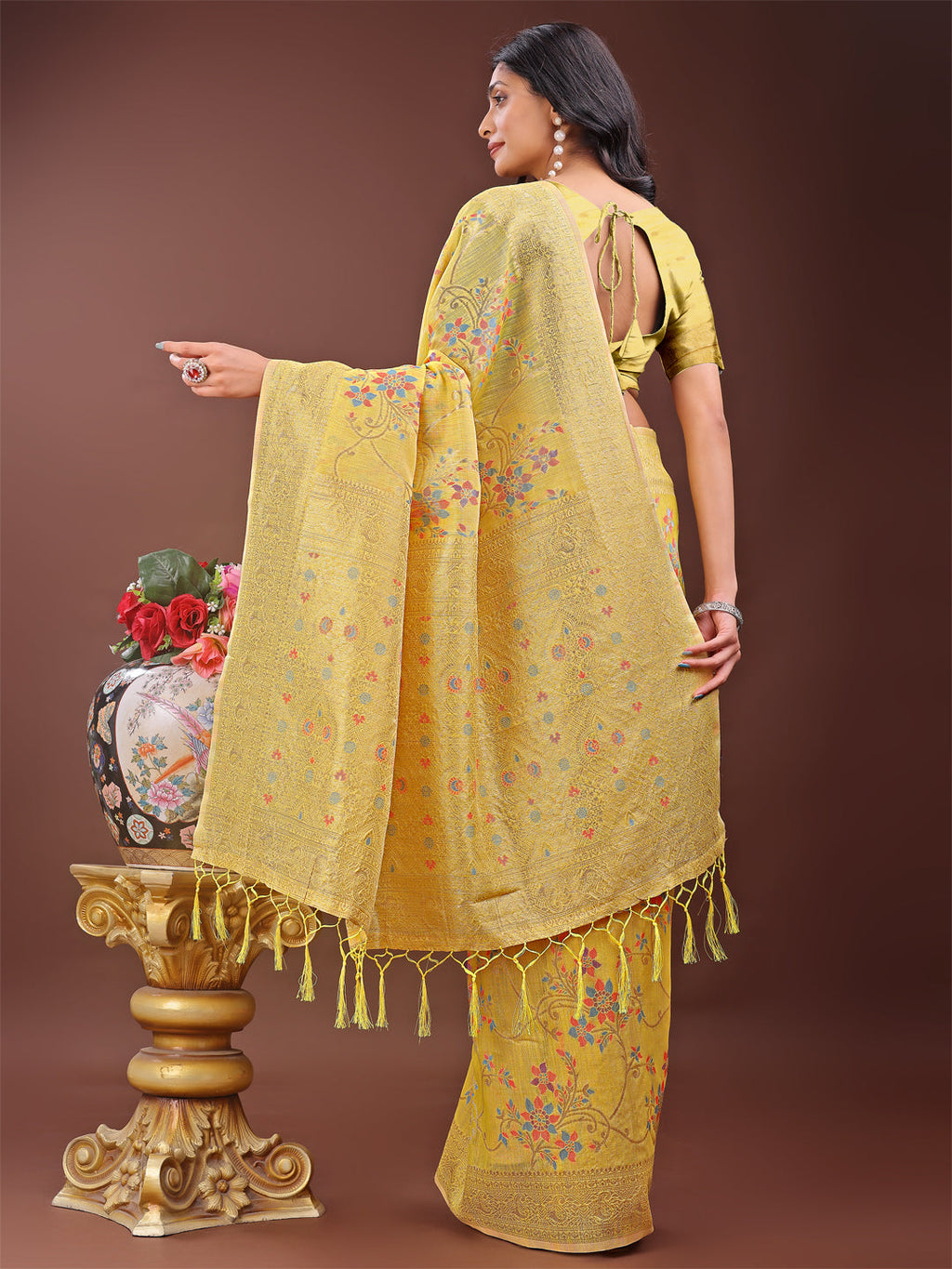 Shree Shyam Fashion Elegant Yellow Linen Cotton Saree with Floral Weave & Soft Gold Pallu - Graceful Choice for Casual,Office & Festive Looks | Grocsy