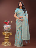 Shree Shyam Fashion Elegant Light Blue Linen Cotton Saree with Floral Weave & Soft Gold Pallu - Graceful Choice for Casual,Office & Festive Looks | Grocsy