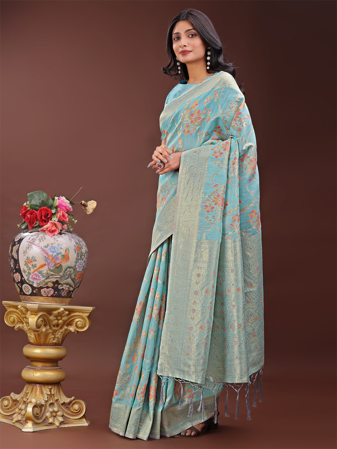 Shree Shyam Fashion Elegant Light Blue Linen Cotton Saree with Floral Weave & Soft Gold Pallu - Graceful Choice for Casual,Office & Festive Looks | Grocsy