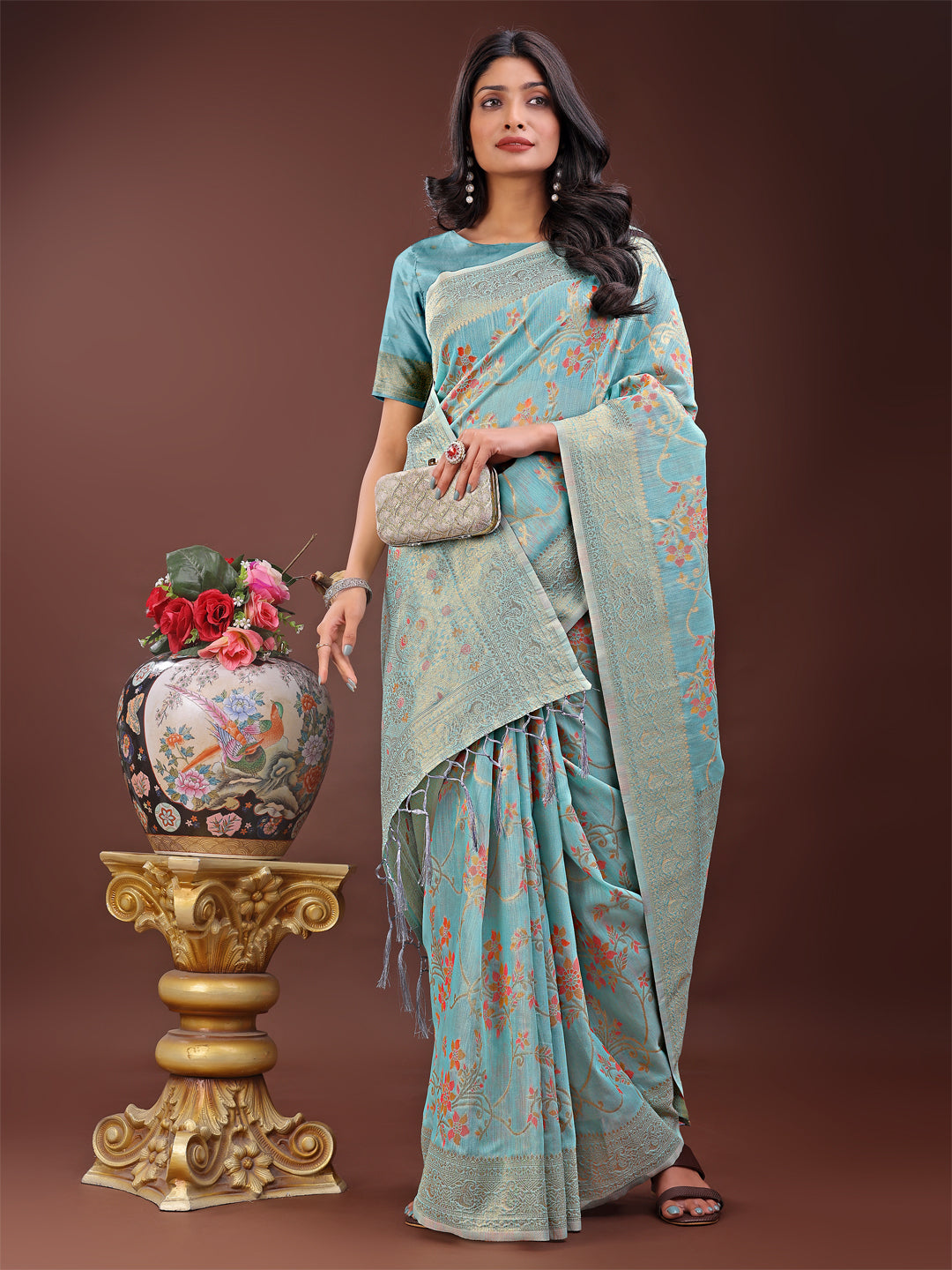 Shree Shyam Fashion Elegant Light Blue Linen Cotton Saree with Floral Weave & Soft Gold Pallu - Graceful Choice for Casual,Office & Festive Looks | Grocsy