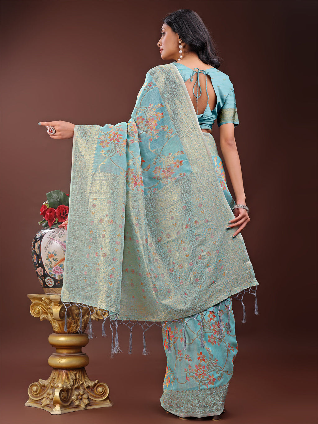Shree Shyam Fashion Elegant Light Blue Linen Cotton Saree with Floral Weave & Soft Gold Pallu - Graceful Choice for Casual,Office & Festive Looks | Grocsy