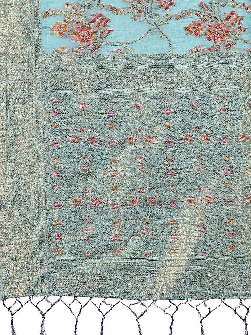 Shree Shyam Fashion Elegant Light Blue Linen Cotton Saree with Floral Weave & Soft Gold Pallu - Graceful Choice for Casual,Office & Festive Looks | Grocsy