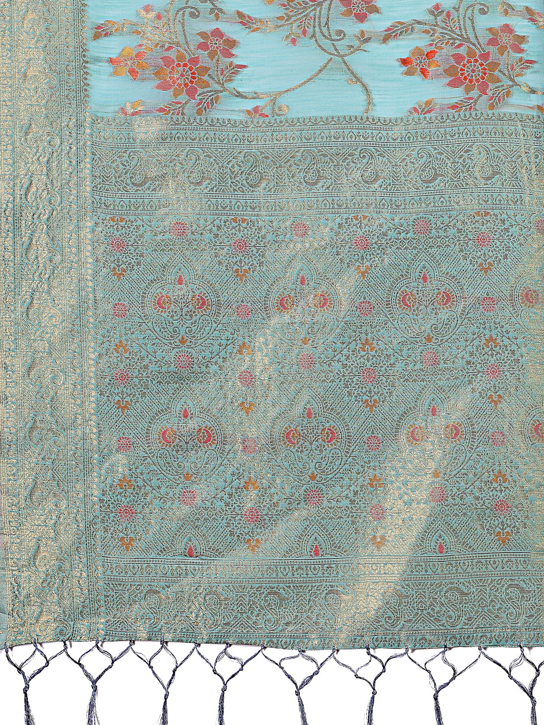 Shree Shyam Fashion Elegant Light Blue Linen Cotton Saree with Floral Weave & Soft Gold Pallu - Graceful Choice for Casual,Office & Festive Looks | Grocsy