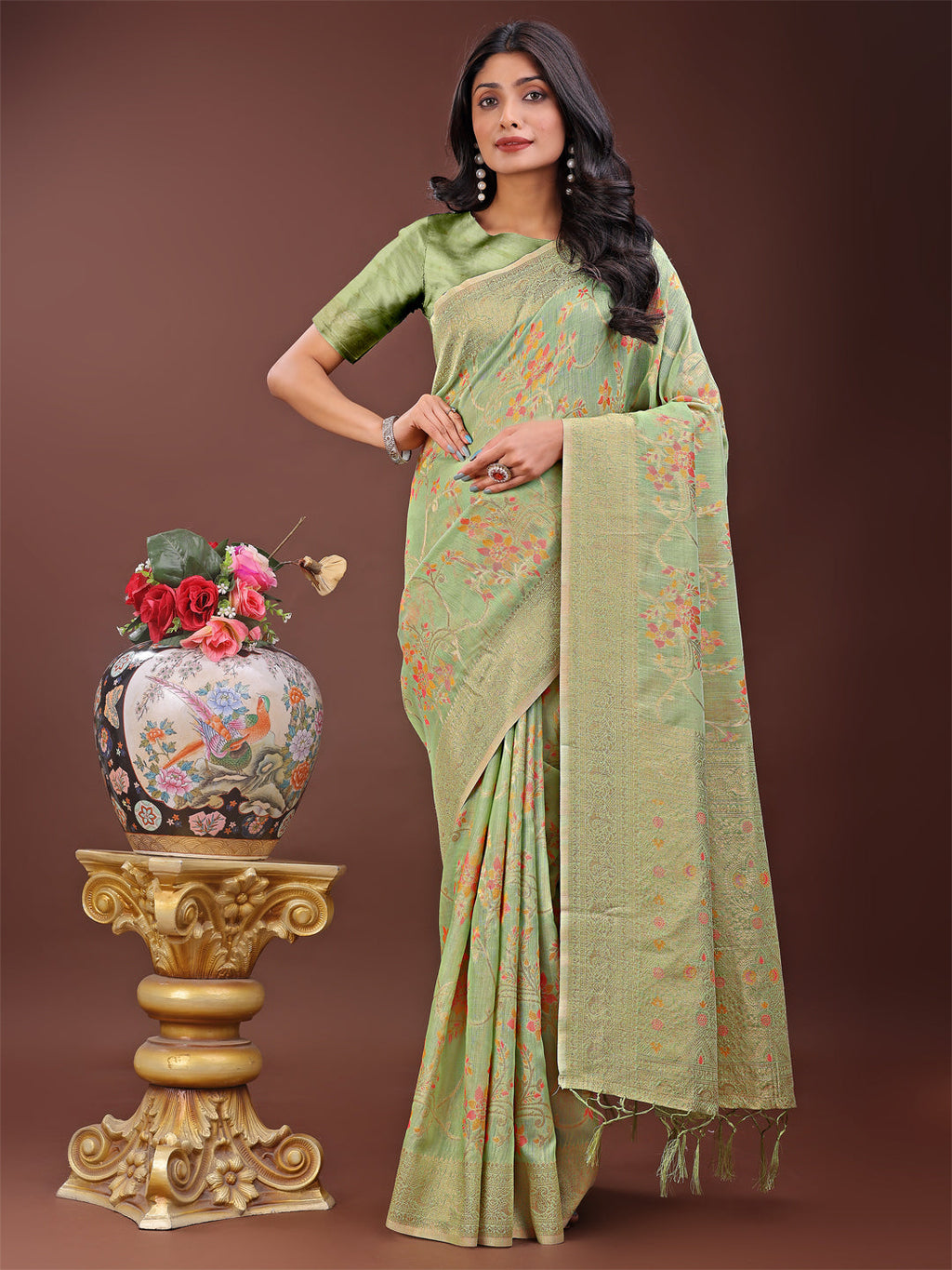Shree Shyam Fashion Elegant Light Green Linen Cotton Saree with Floral Weave & Soft Gold Pallu - Graceful Choice for Casual,Office & Festive Looks | Grocsy