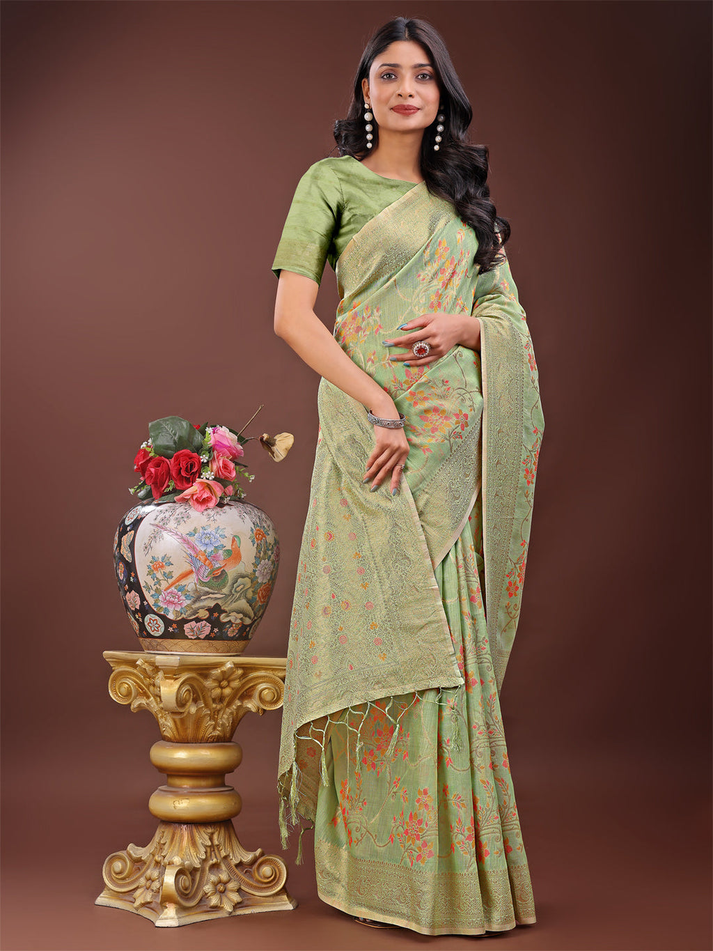 Shree Shyam Fashion Elegant Light Green Linen Cotton Saree with Floral Weave & Soft Gold Pallu - Graceful Choice for Casual,Office & Festive Looks | Grocsy