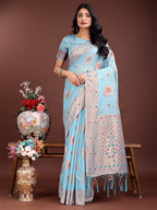 Shree Shyam Fashion Elegant Sky Blue Linen Saree with Intricate Woven Patterns - Lightweight Grace for Everyday and Festive Moments | Grocsy