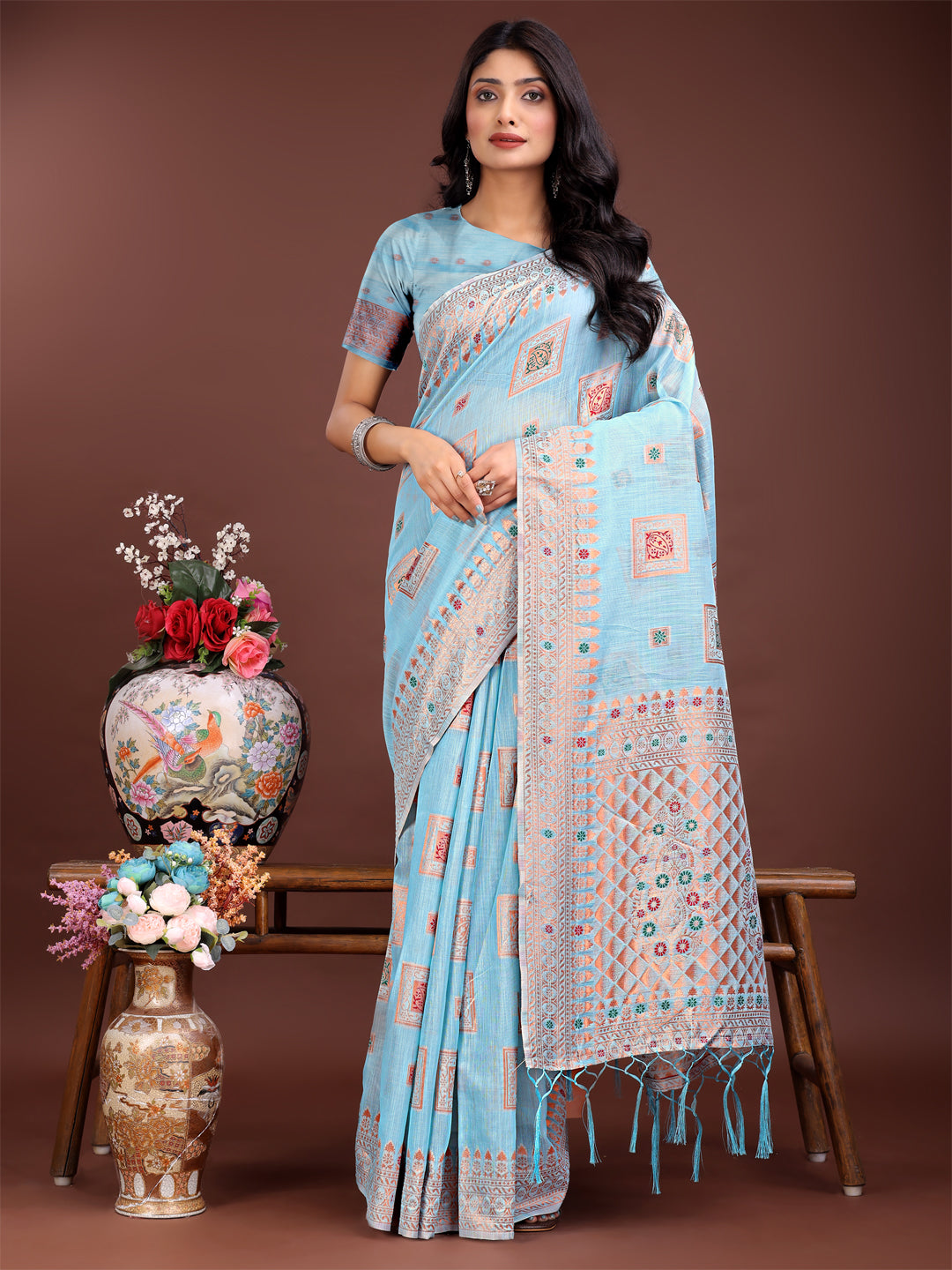 Shree Shyam Fashion Elegant Sky Blue Linen Saree with Intricate Woven Patterns - Lightweight Grace for Everyday and Festive Moments | Grocsy