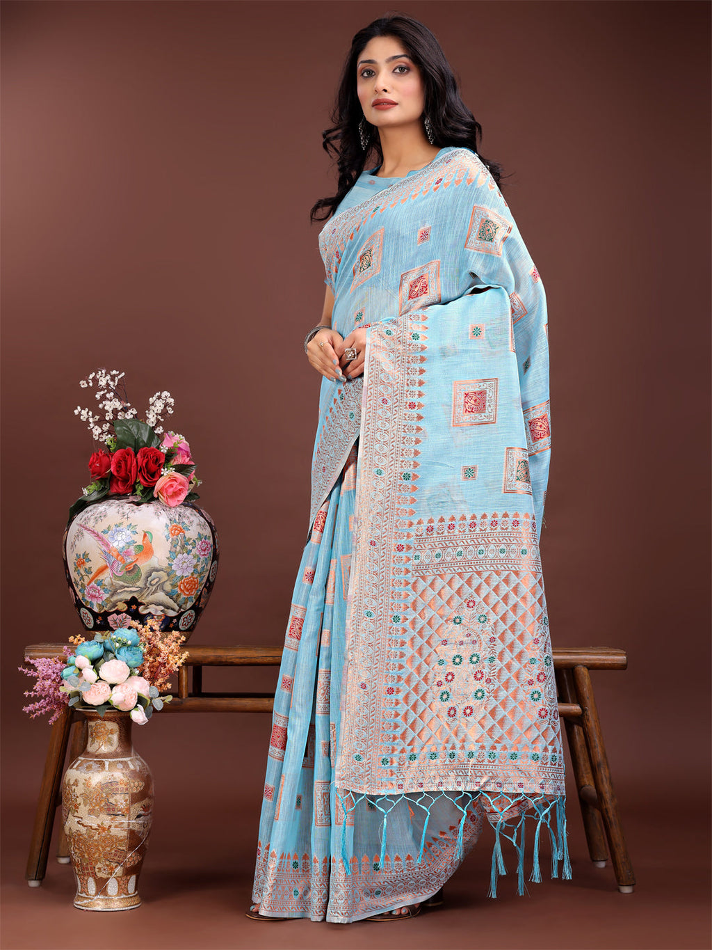 Shree Shyam Fashion Elegant Sky Blue Linen Saree with Intricate Woven Patterns - Lightweight Grace for Everyday and Festive Moments | Grocsy