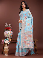 Shree Shyam Fashion Elegant Sky Blue Linen Saree with Intricate Woven Patterns - Lightweight Grace for Everyday and Festive Moments | Grocsy
