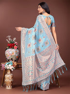 Shree Shyam Fashion Elegant Sky Blue Linen Saree with Intricate Woven Patterns - Lightweight Grace for Everyday and Festive Moments | Grocsy