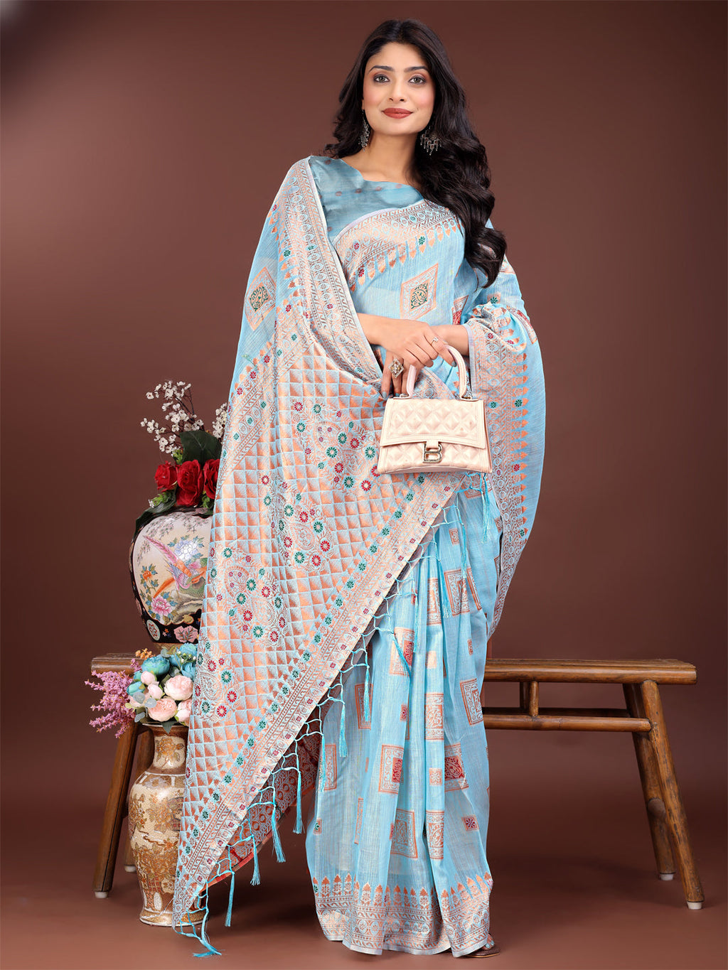 Shree Shyam Fashion Elegant Sky Blue Linen Saree with Intricate Woven Patterns - Lightweight Grace for Everyday and Festive Moments | Grocsy