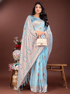 Shree Shyam Fashion Elegant Sky Blue Linen Saree with Intricate Woven Patterns - Lightweight Grace for Everyday and Festive Moments | Grocsy