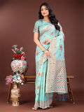 Shree Shyam Fashion Elegant Sea Green Linen Saree with Intricate Woven Patterns - Lightweight Grace for Everyday and Festive Moments | Grocsy