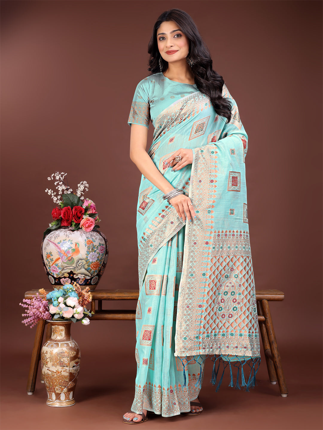Shree Shyam Fashion Elegant Sea Green Linen Saree with Intricate Woven Patterns - Lightweight Grace for Everyday and Festive Moments | Grocsy
