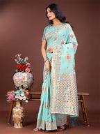 Shree Shyam Fashion Elegant Sea Green Linen Saree with Intricate Woven Patterns - Lightweight Grace for Everyday and Festive Moments | Grocsy