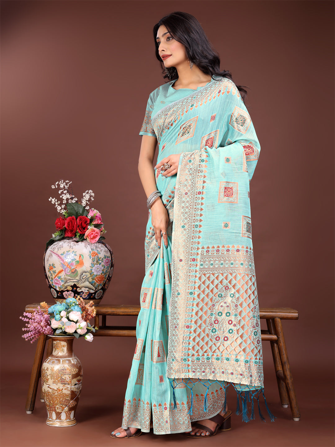Shree Shyam Fashion Elegant Sea Green Linen Saree with Intricate Woven Patterns - Lightweight Grace for Everyday and Festive Moments | Grocsy