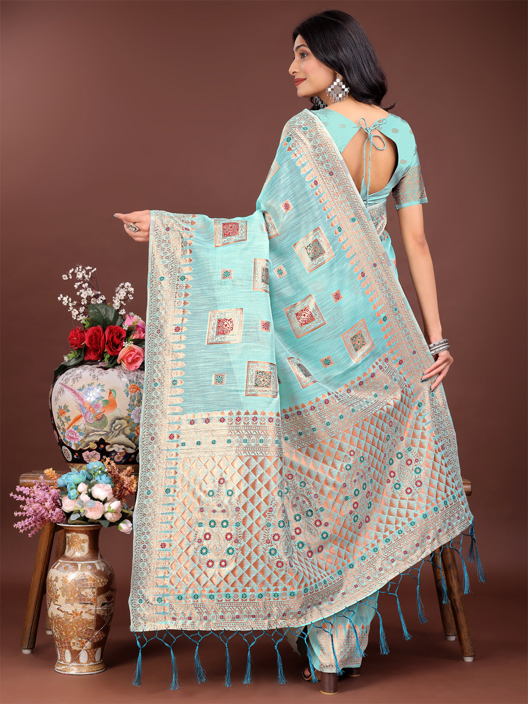 Shree Shyam Fashion Elegant Sea Green Linen Saree with Intricate Woven Patterns - Lightweight Grace for Everyday and Festive Moments | Grocsy