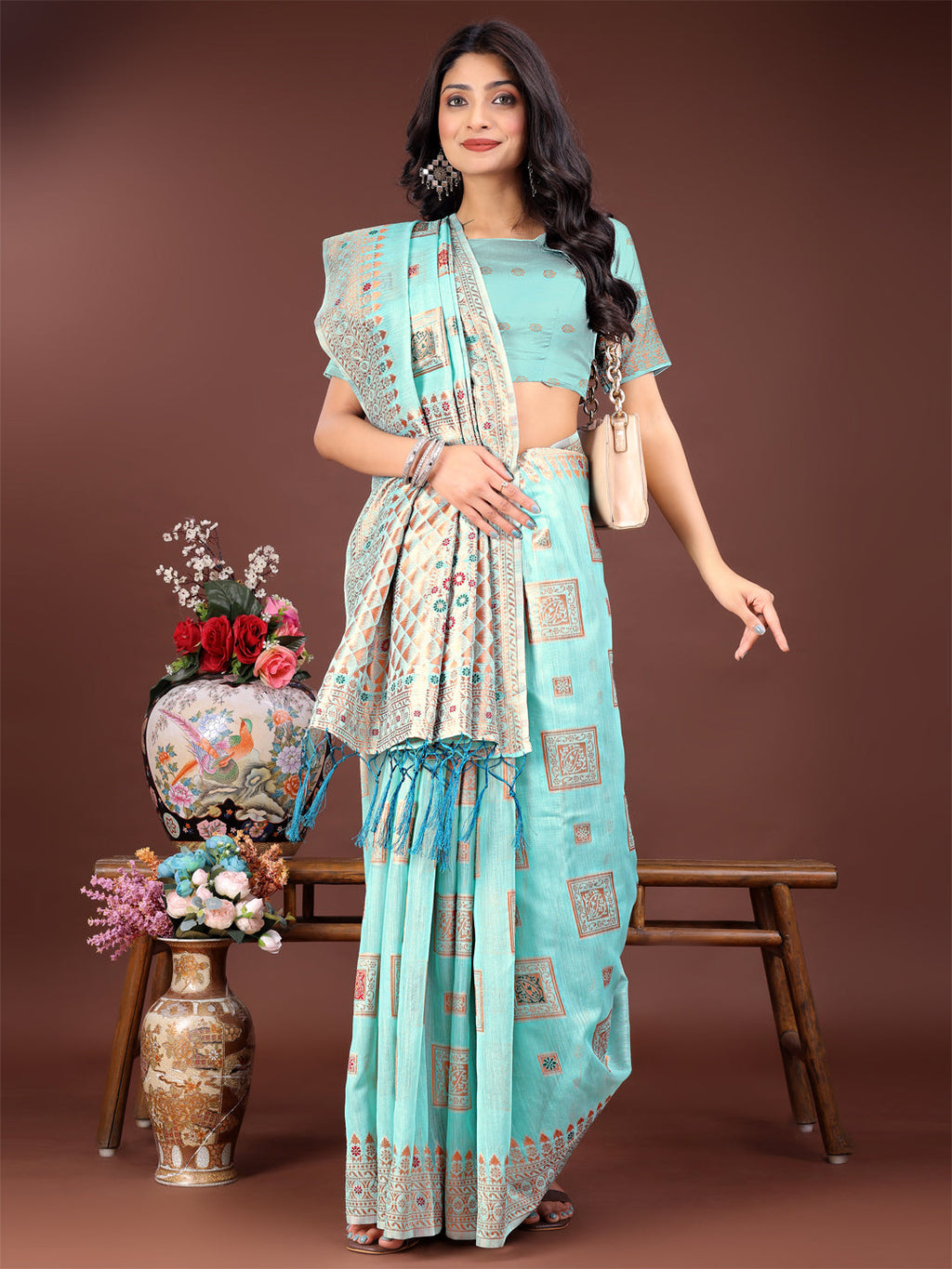 Shree Shyam Fashion Elegant Sea Green Linen Saree with Intricate Woven Patterns - Lightweight Grace for Everyday and Festive Moments | Grocsy