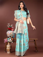 Shree Shyam Fashion Elegant Sea Green Linen Saree with Intricate Woven Patterns - Lightweight Grace for Everyday and Festive Moments | Grocsy