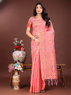Shree Shyam Fashion Elegant Peach Linen Saree with Intricate Woven Patterns - Lightweight Grace for Everyday and Festive Moments | Grocsy