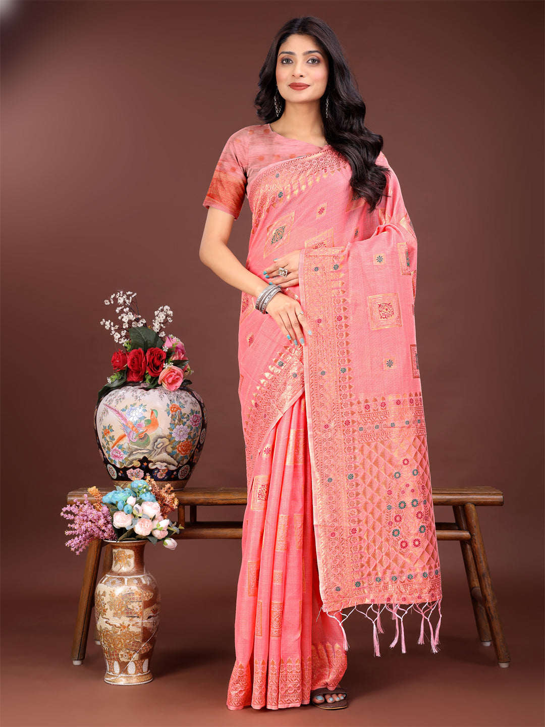 Shree Shyam Fashion Elegant Peach Linen Saree with Intricate Woven Patterns - Lightweight Grace for Everyday and Festive Moments | Grocsy
