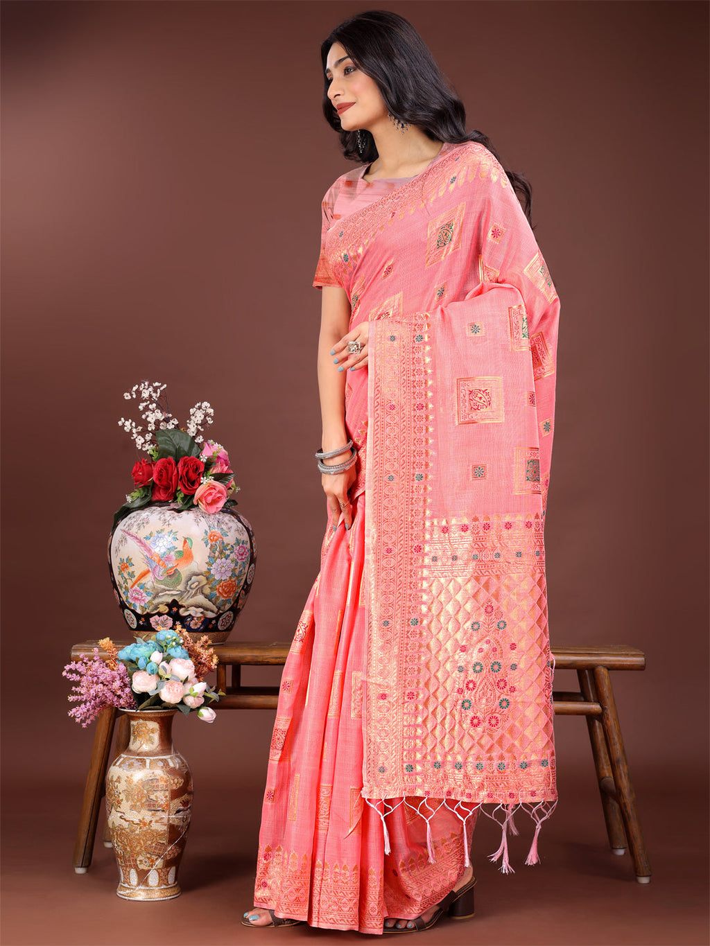 Shree Shyam Fashion Elegant Peach Linen Saree with Intricate Woven Patterns - Lightweight Grace for Everyday and Festive Moments | Grocsy