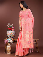 Shree Shyam Fashion Elegant Peach Linen Saree with Intricate Woven Patterns - Lightweight Grace for Everyday and Festive Moments | Grocsy