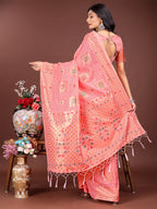 Shree Shyam Fashion Elegant Peach Linen Saree with Intricate Woven Patterns - Lightweight Grace for Everyday and Festive Moments | Grocsy