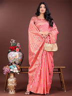 Shree Shyam Fashion Elegant Peach Linen Saree with Intricate Woven Patterns - Lightweight Grace for Everyday and Festive Moments | Grocsy