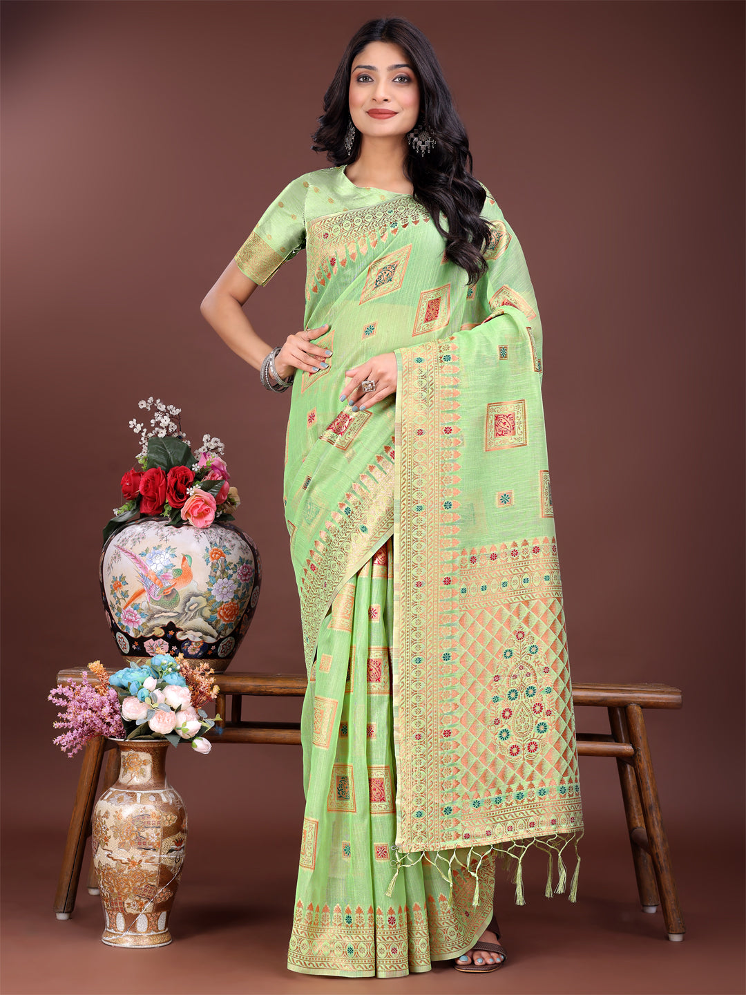 Shree Shyam Fashion Elegant Light Green Linen Saree with Intricate Woven Patterns - Lightweight Grace for Everyday and Festive Moments | Grocsy