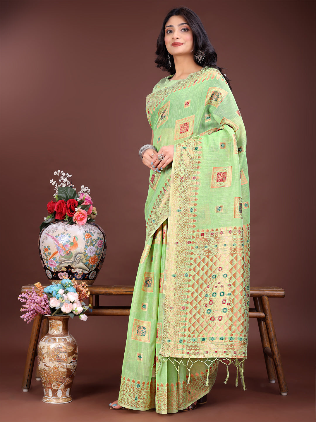 Shree Shyam Fashion Elegant Light Green Linen Saree with Intricate Woven Patterns - Lightweight Grace for Everyday and Festive Moments | Grocsy