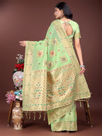 Shree Shyam Fashion Elegant Light Green Linen Saree with Intricate Woven Patterns - Lightweight Grace for Everyday and Festive Moments | Grocsy