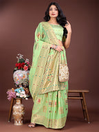 Shree Shyam Fashion Elegant Light Green Linen Saree with Intricate Woven Patterns - Lightweight Grace for Everyday and Festive Moments | Grocsy