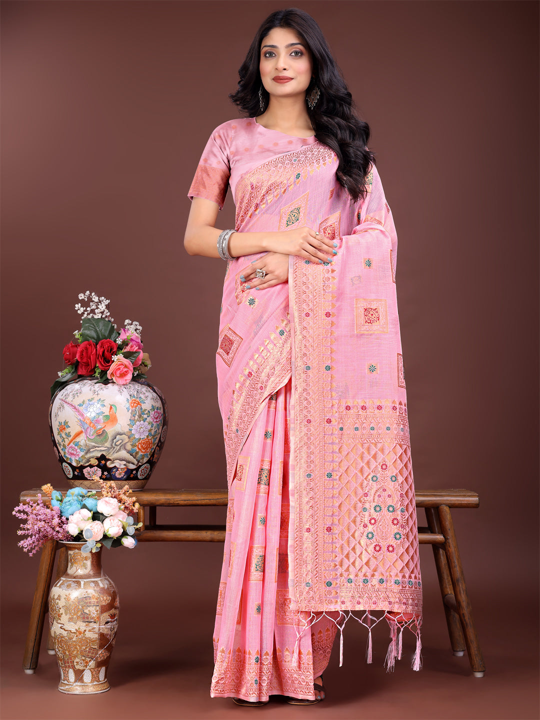 Shree Shyam Fashion Elegant Light Pink Linen Saree with Intricate Woven Patterns - Lightweight Grace for Everyday and Festive Moments | Grocsy