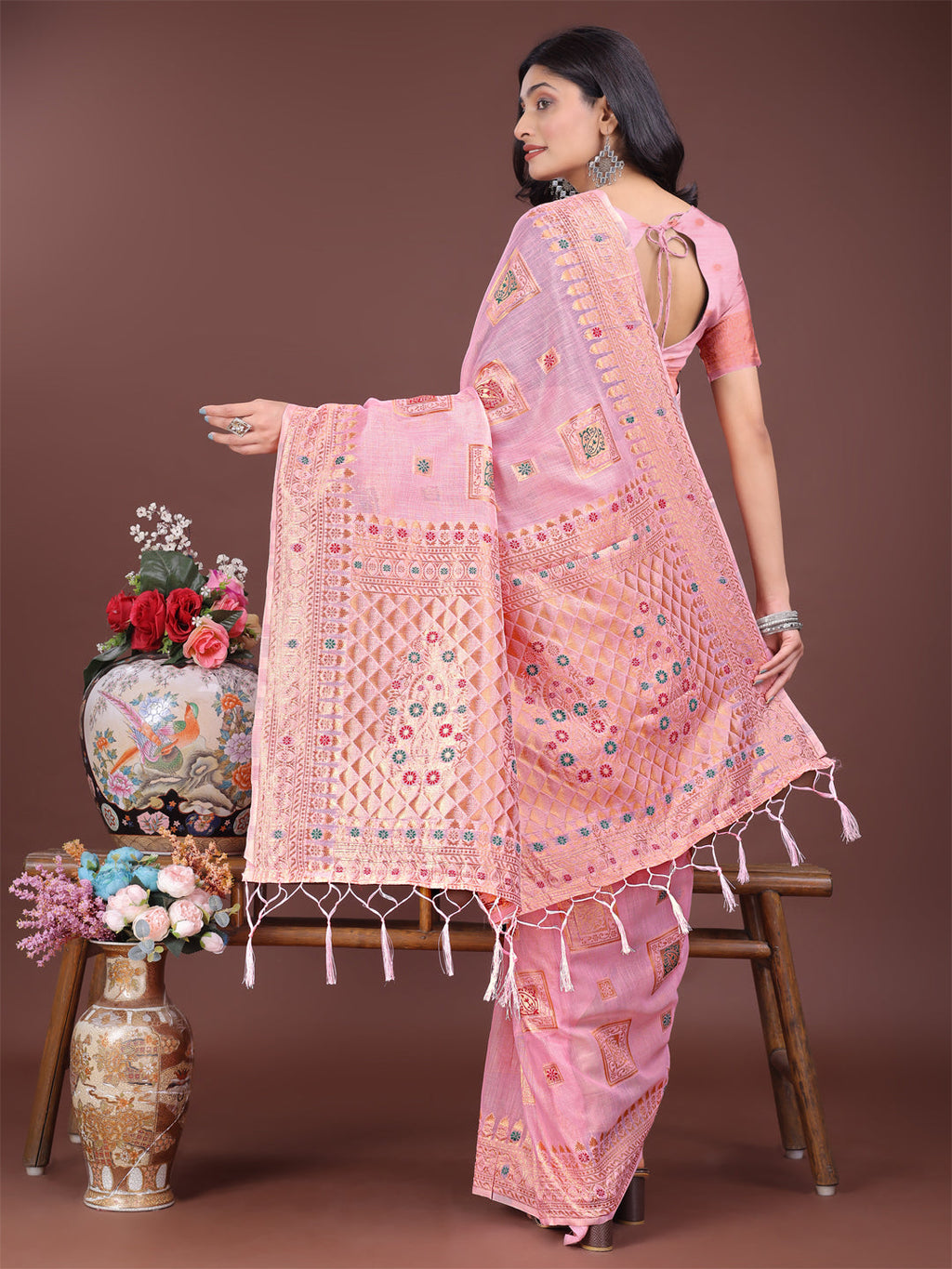 Shree Shyam Fashion Elegant Light Pink Linen Saree with Intricate Woven Patterns - Lightweight Grace for Everyday and Festive Moments | Grocsy