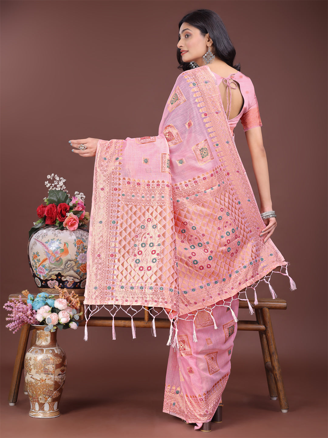 Shree Shyam Fashion Elegant Light Pink Linen Saree with Intricate Woven Patterns - Lightweight Grace for Everyday and Festive Moments | Grocsy