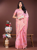 Shree Shyam Fashion Elegant Light Pink Linen Saree with Intricate Woven Patterns - Lightweight Grace for Everyday and Festive Moments | Grocsy