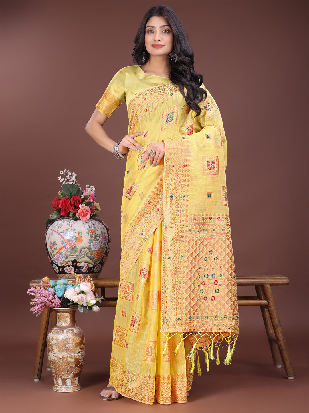 Shree Shyam Fashion Elegant Yellow Linen Saree with Intricate Woven Patterns - Lightweight Grace for Everyday and Festive Moments | Grocsy