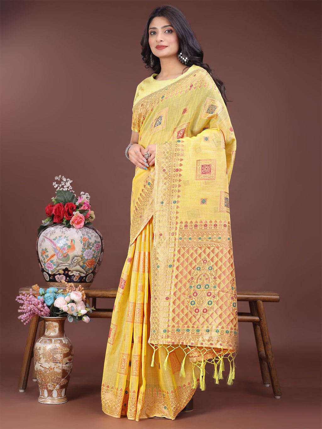 Shree Shyam Fashion Elegant Yellow Linen Saree with Intricate Woven Patterns - Lightweight Grace for Everyday and Festive Moments | Grocsy