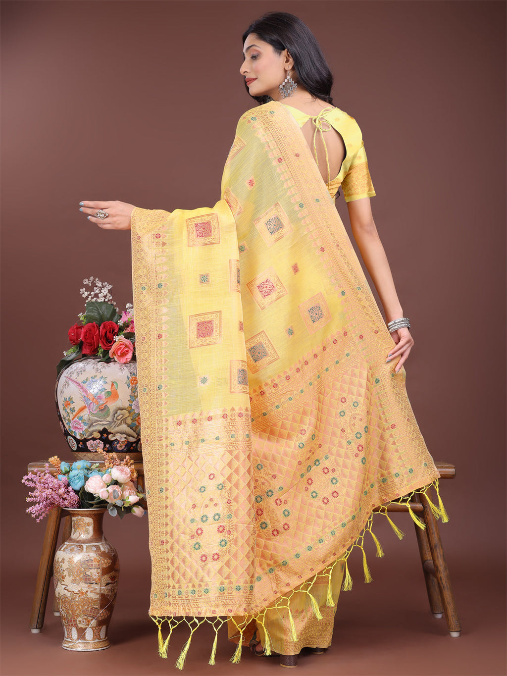 Shree Shyam Fashion Elegant Yellow Linen Saree with Intricate Woven Patterns - Lightweight Grace for Everyday and Festive Moments | Grocsy