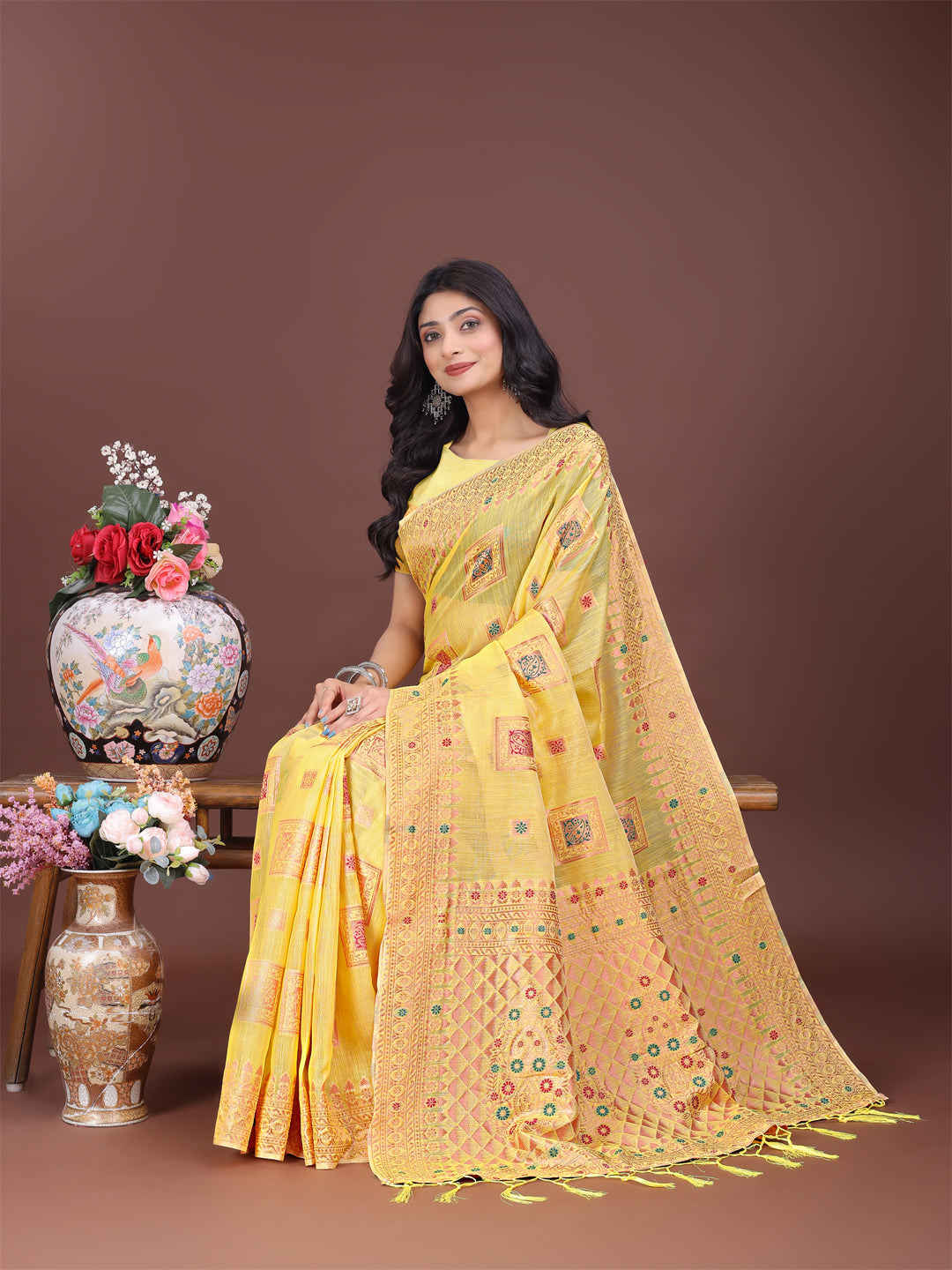 Shree Shyam Fashion Elegant Yellow Linen Saree with Intricate Woven Patterns - Lightweight Grace for Everyday and Festive Moments | Grocsy